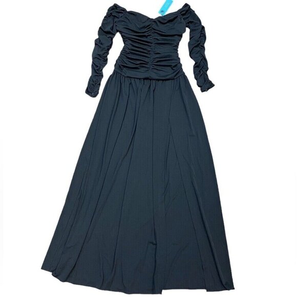 Tanya Taylor sz 10 dress Marla Ruched Maxi Gown Black Designer Luxury Goth - Picture 4 of 9